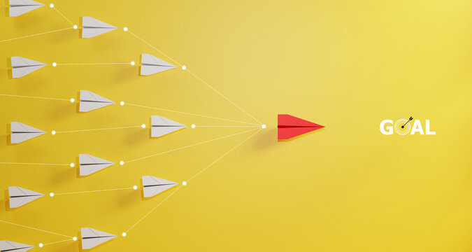 Leadership concept, red leader plane leading white plane, on yellow background.