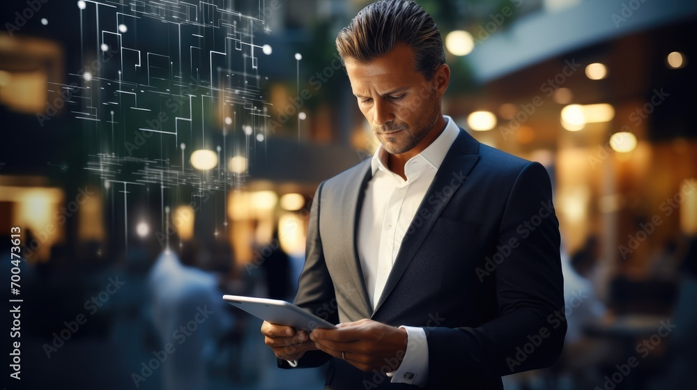 Poster Businessman intense focus on the tablet screen conveys a sense of professionalism and efficiency in modern business. Generative AI.