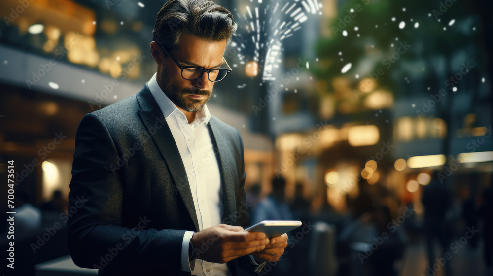 Poster businessman intense focus on the tablet screen conveys a sense of professionalism and efficiency in 