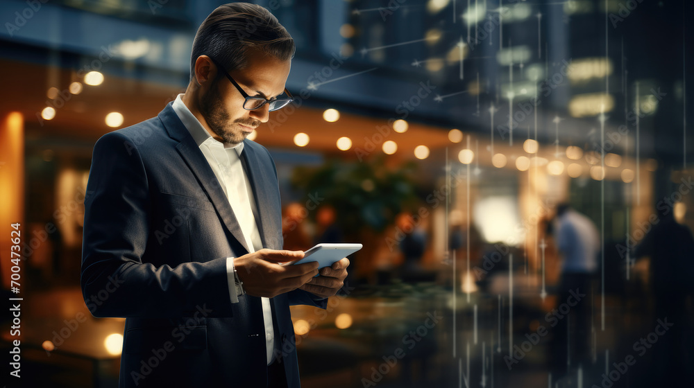 Poster businessman intense focus on the tablet screen conveys a sense of professionalism and efficiency in 