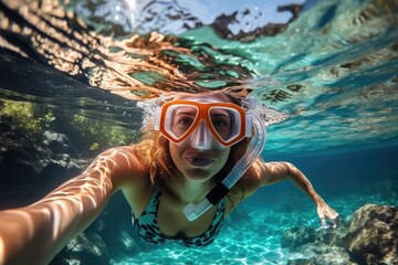 Fototapeta premium Underwater shoot of a young lady snorkeling and doing skin diving in a tropical sea. AI Generated