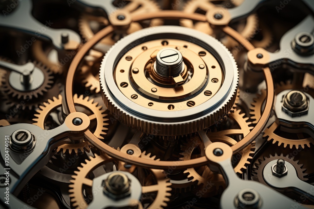 Poster A complex mechanism consisting of gears, Rods and screws. Generative AI.