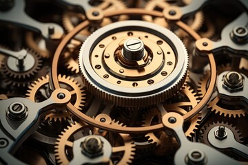 A complex mechanism consisting of gears, Rods and screws. Generative AI.