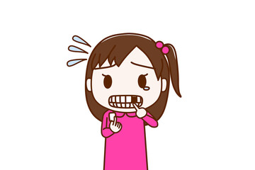 （上半身正面）前歯が折れてしまい涙目で焦っている少女