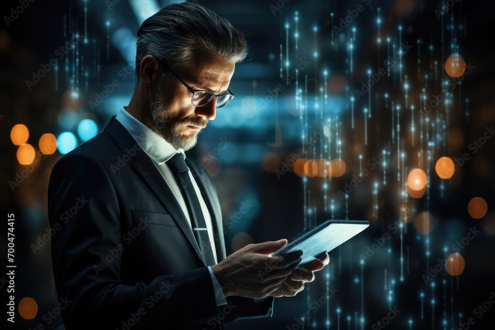 Poster Business man using digital tablet with binary code, Mobile communication, Digital technology concept. Generative AI.