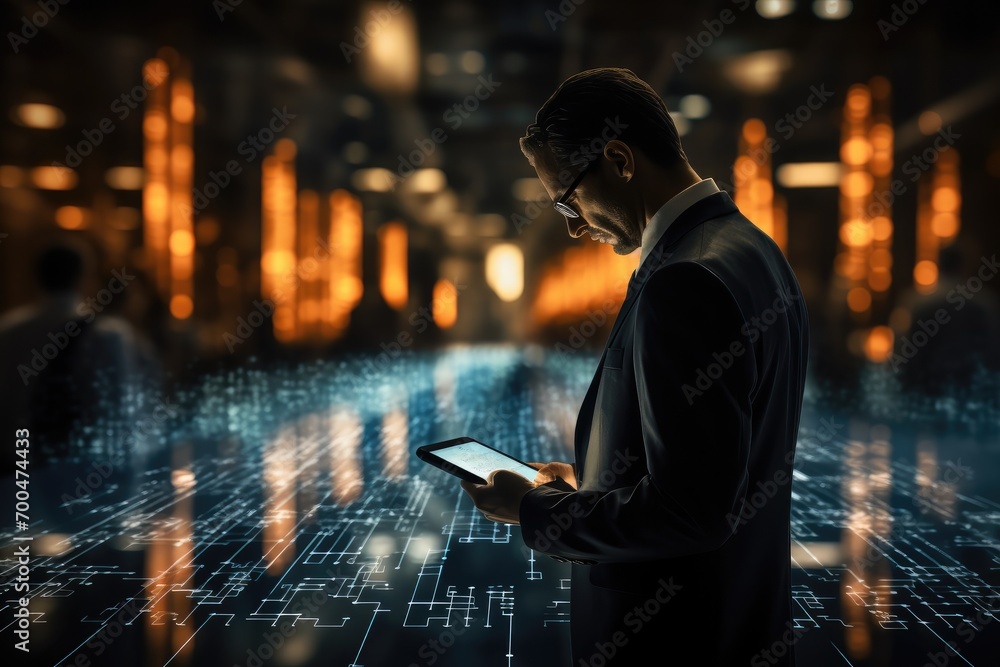 Aufkleber business man using digital tablet with binary code, mobile communication, digital technology concept