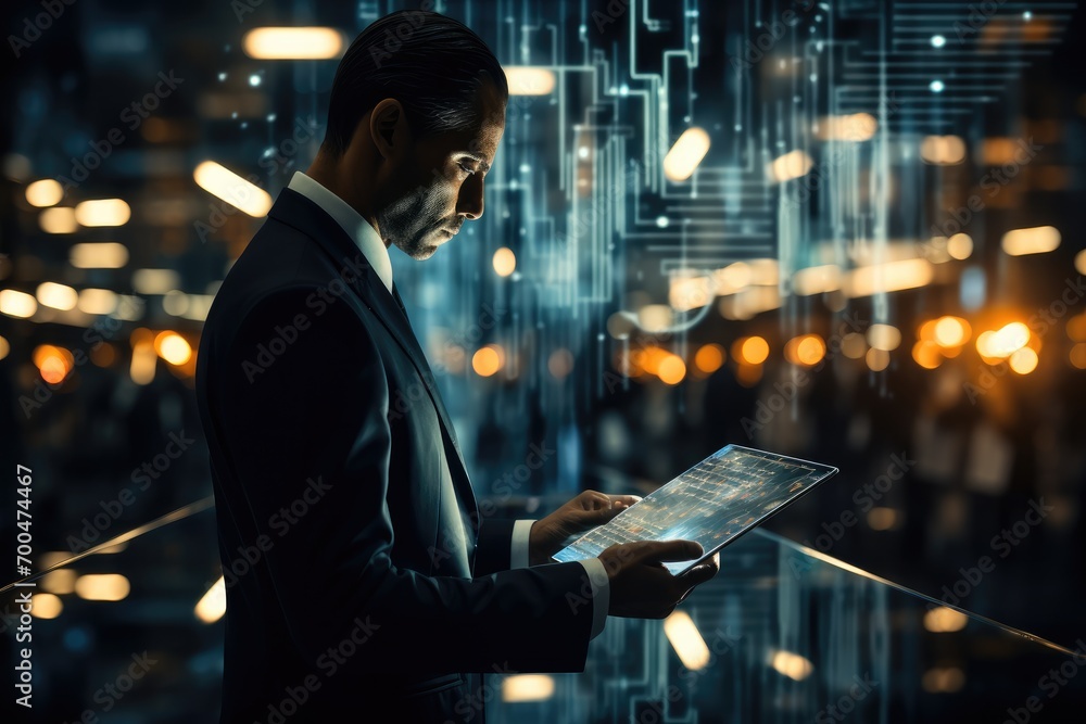 Poster business man using digital tablet with binary code, mobile communication, digital technology concept