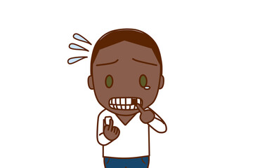 （上半身正面）前歯が折れてしまい涙目で焦っているアフリカ系男性