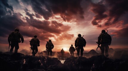 Fototapeta na wymiar World War Soldiers Silhouette Below Cloudy Skyline At sunset 