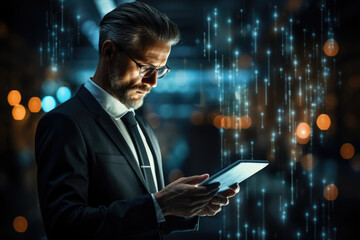 Business man using digital tablet with binary code, Mobile communication, Digital technology concept. Generative AI.