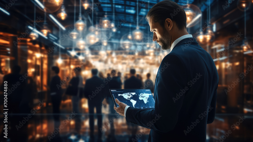 Aufkleber Businessman use tablet with global structure customer network technology, Data exchanges development, Customer service, Social media, Digital marketing online. Generative AI.