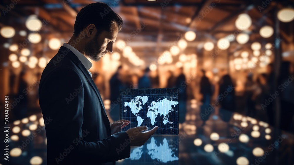 Poster Businessman use tablet with global structure customer network technology, Data exchanges development, Customer service, Social media, Digital marketing online. Generative AI.