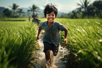 Asian child runs in the paddy field. Generative AI. - obrazy, fototapety, plakaty