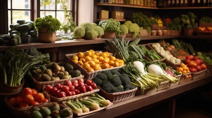 A farm shop grocery showing vegetables and fruit. Generative AI. - Powered by Adobe