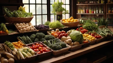 Fotobehang A farm shop grocery showing vegetables and fruit. Generative AI. © visoot