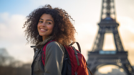 Young womn excited with Eiffel tower at sunset in Paris the city of love by Ai generate.