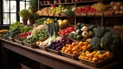 A farm shop grocery showing vegetables and fruit. Generative AI. - obrazy, fototapety, plakaty