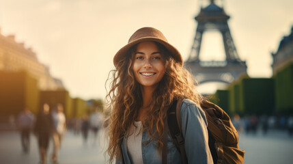 Young womn excited with Eiffel tower at sunset in Paris the city of love by Ai generate.