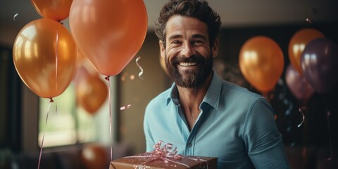 happy caucasian birthday man holding with gift box, balloons in the background. AI Generated - obrazy, fototapety, plakaty