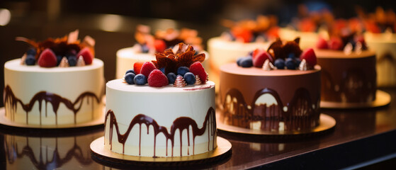 Slice of tasty homemade chocolate cake on table by Ai generate. - obrazy, fototapety, plakaty