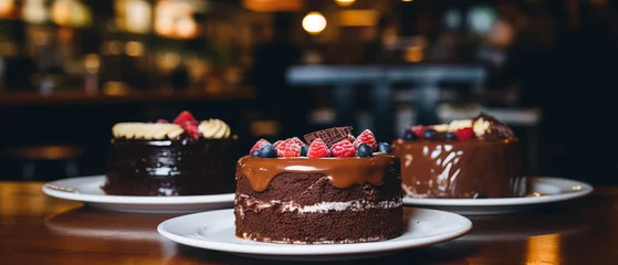 Foto op Plexiglas Slice of tasty homemade chocolate cake on table by Ai generate. © MOMO