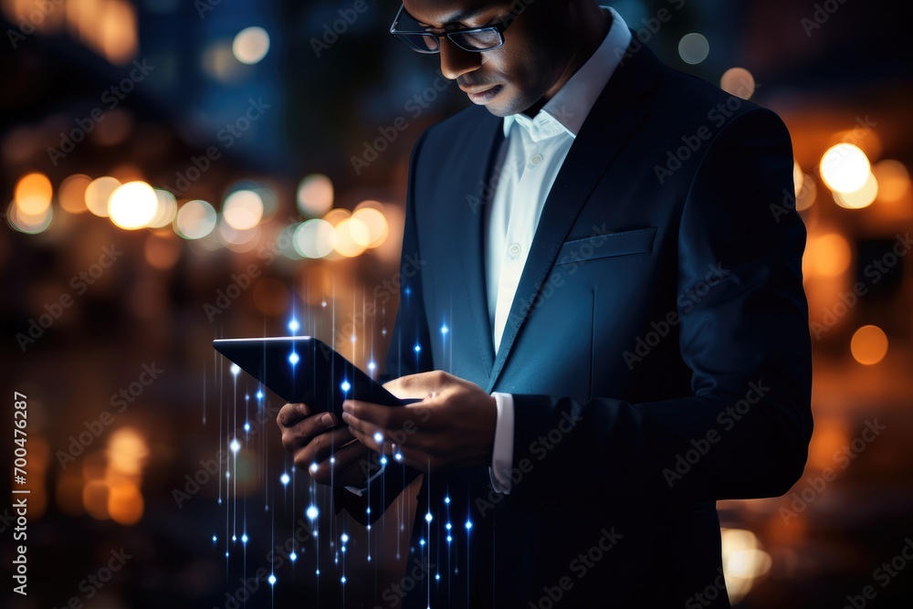 Aufkleber Business person in dark blue suit he is holding a modern tablet with dark bokeh background with many raindrops. Generative AI.