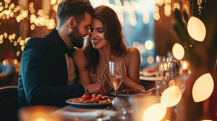 Beautiful couple in love having dinner in a restaurant. Date at a restaurant. - Powered by Adobe