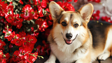 Cute corgi dog on a background of beautiful red flowers. Valentine's Day background.