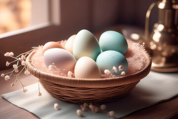 Easter eggs in basket in minimal style of a wooden table.