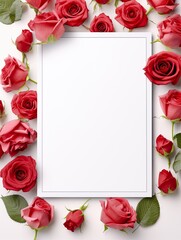 Vertical top view blank card red and pink rose love and wedding decoration Valentines day background