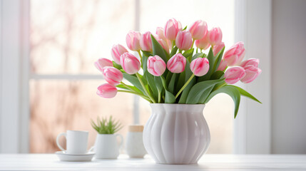 Vase with beautiful pink tulips