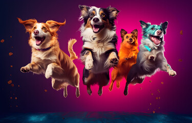 Cute happy pets dogs jumping, flying on studio background