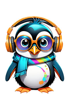 Cute penguin wearing winter hat and scarf with headphone illustration on transparent background 