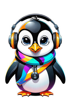 Cute penguin wearing winter hat and scarf with headphone illustration on transparent background 