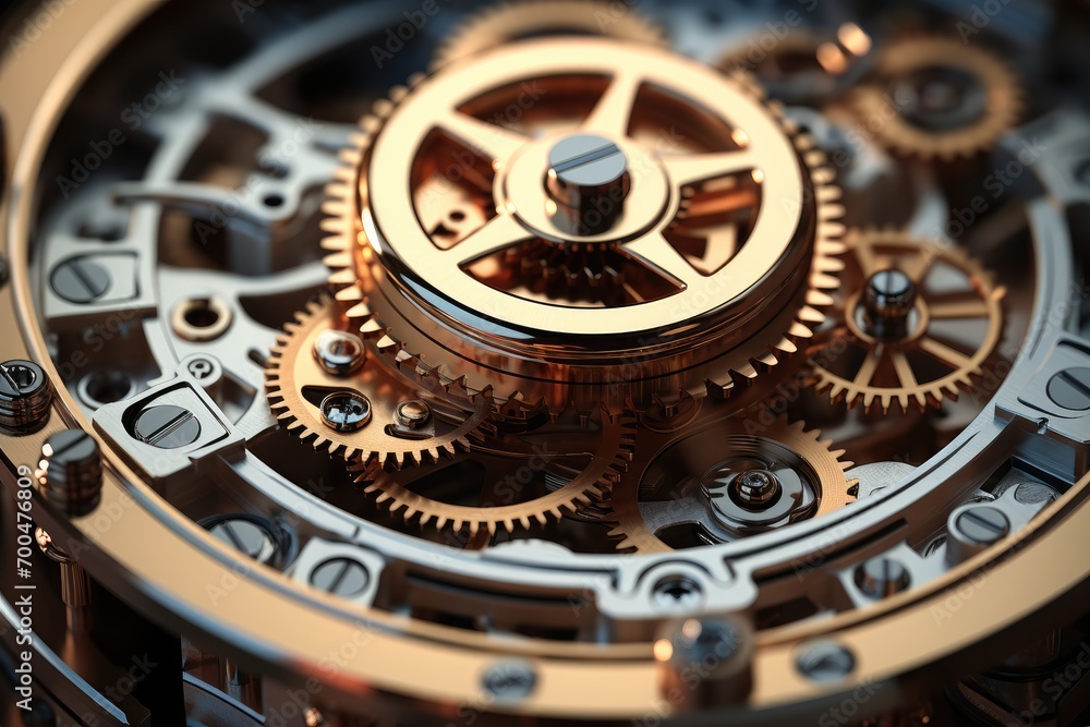 Poster A complex mechanism, Consisting of many gears and levers. Generative AI.