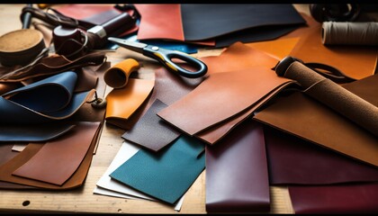 Leather crafts or leather work. pieces of dyed and leather on a craftsman's work table.