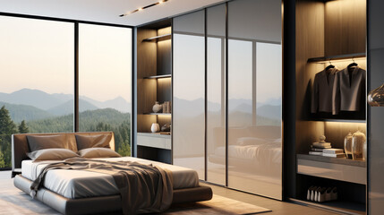 Grey wardrobe with glossy sliding doors in minimalist style, Interior design of modern bedroom....