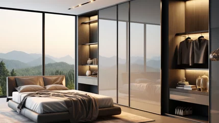Foto op Plexiglas Grey wardrobe with glossy sliding doors in minimalist style, Interior design of modern bedroom. Generative AI. © visoot