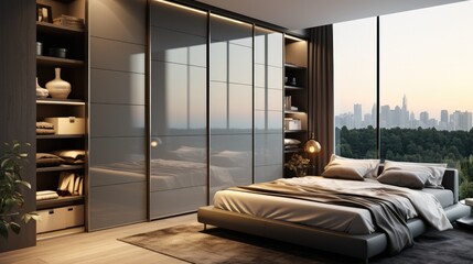 Grey wardrobe with glossy sliding doors in minimalist style, Interior design of modern bedroom. Generative AI.