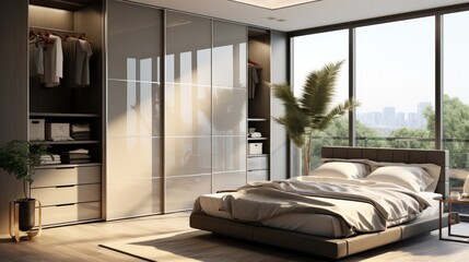 Grey wardrobe with glossy sliding doors in minimalist style, Interior design of modern bedroom. Generative AI.
