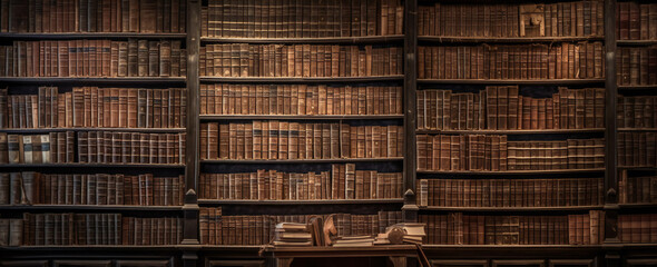 wall full old ancient books. large bookshelf or book case on the wall. Many books in the side.