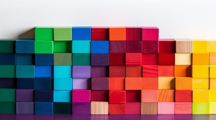 Spectrum of stacked multi-colored wooden blocks on white background