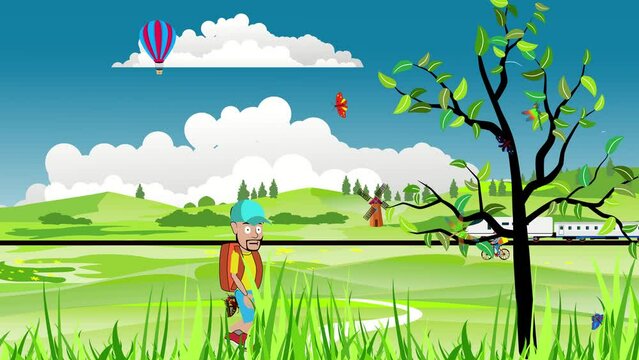 backpaker tourist walks in Landscape willage farmland in countryside landscape 2d animation cartoon