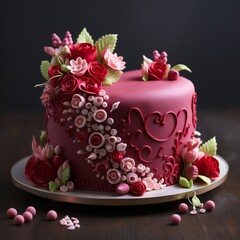 Birthday or wedding or valentines day cake with pink flowers and hearts