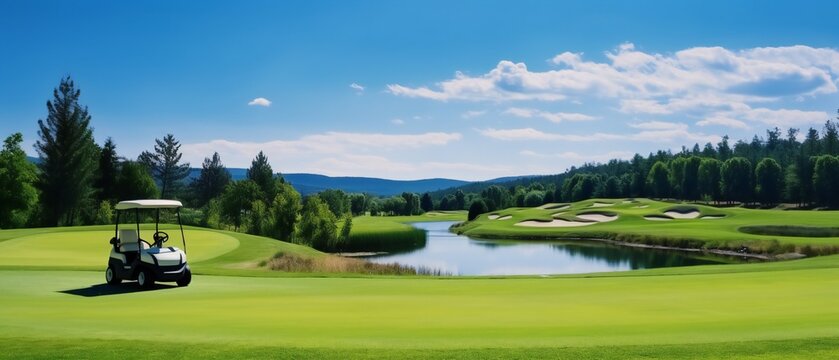 Golf cart in fairway of golf course with green grass field with blue sky and trees