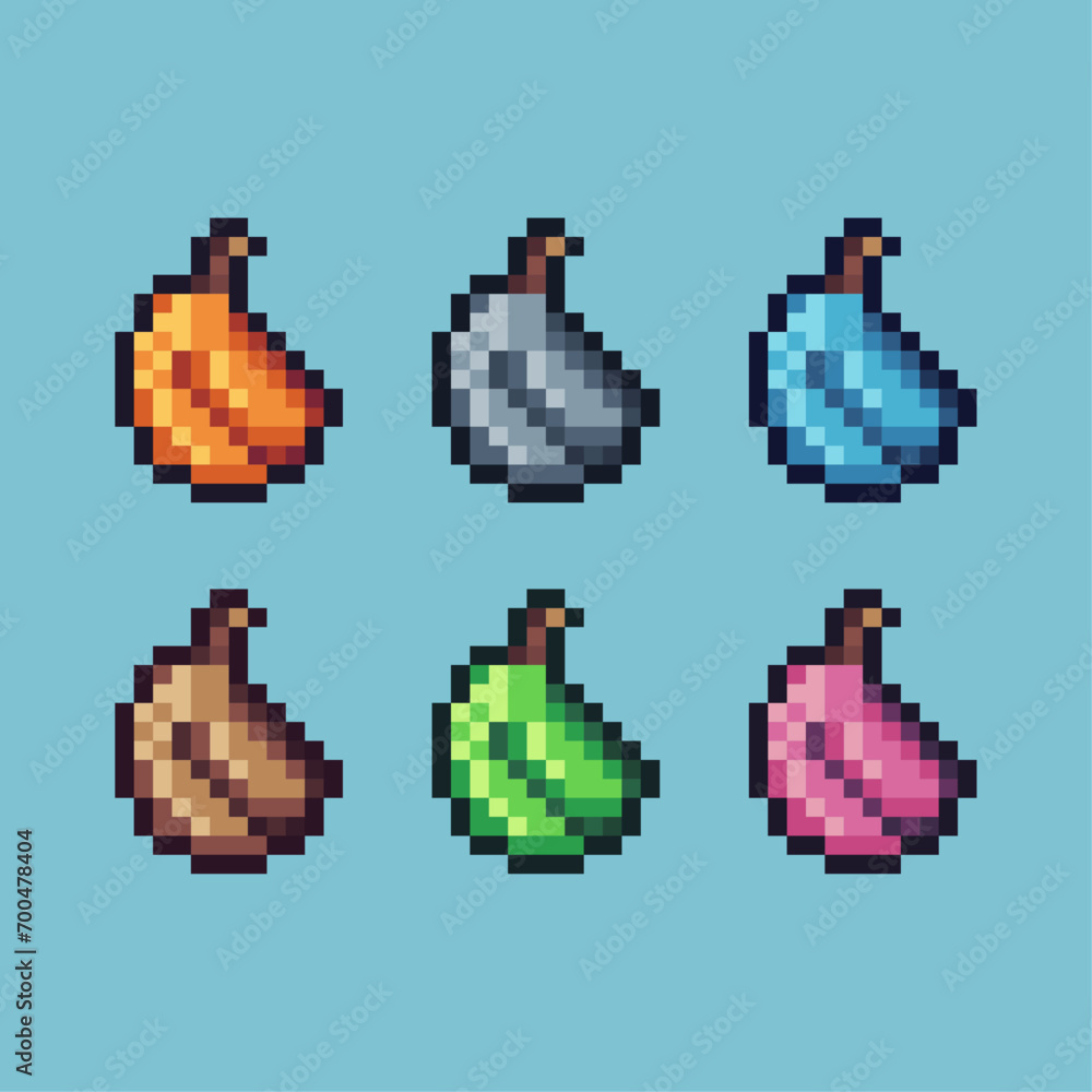 Poster pixel art sets of banana fruit icon with variation color item asset.banana food icon on pixelated st