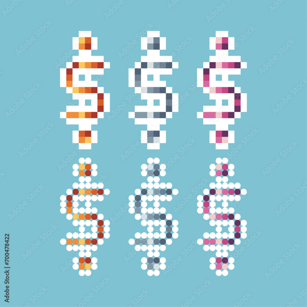 Poster pixel art stroke sets of dollar money icon with variation color item asset. dollar money icon on pix
