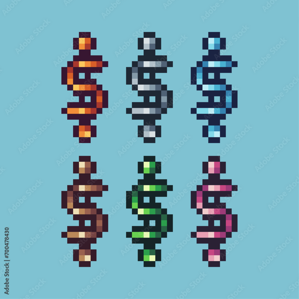 Poster pixel art sets of dollar money icon with variation color item asset. dollar money icon on pixelated 