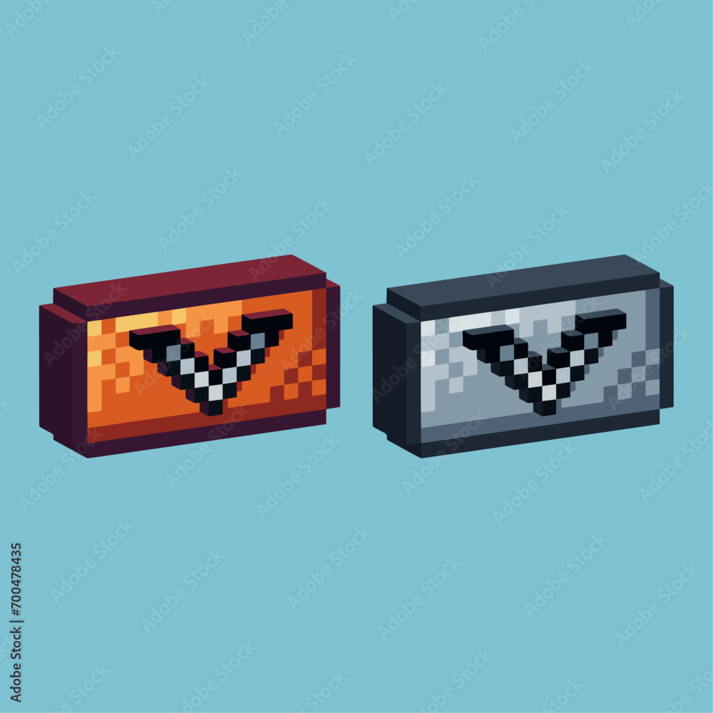 Poster isometric pixel art 3d of down icon for items asset.down button icon on pixelated style.8bits perfec