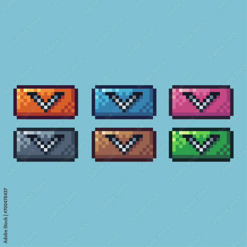 Poster pixel art sets of down button icon with variation color item asset. down button icon on pixelated st